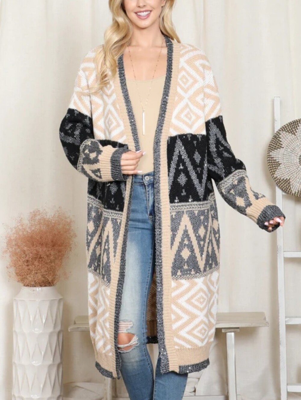 NWT Riah Fashion Aztec Knit Longline Cardigan Duster Sweater | Boho Western |